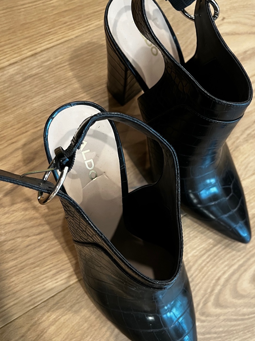 Aldo Black Croc-Embossed Pointed Slingback Block Heels 10 Black - Picture 8 of 9